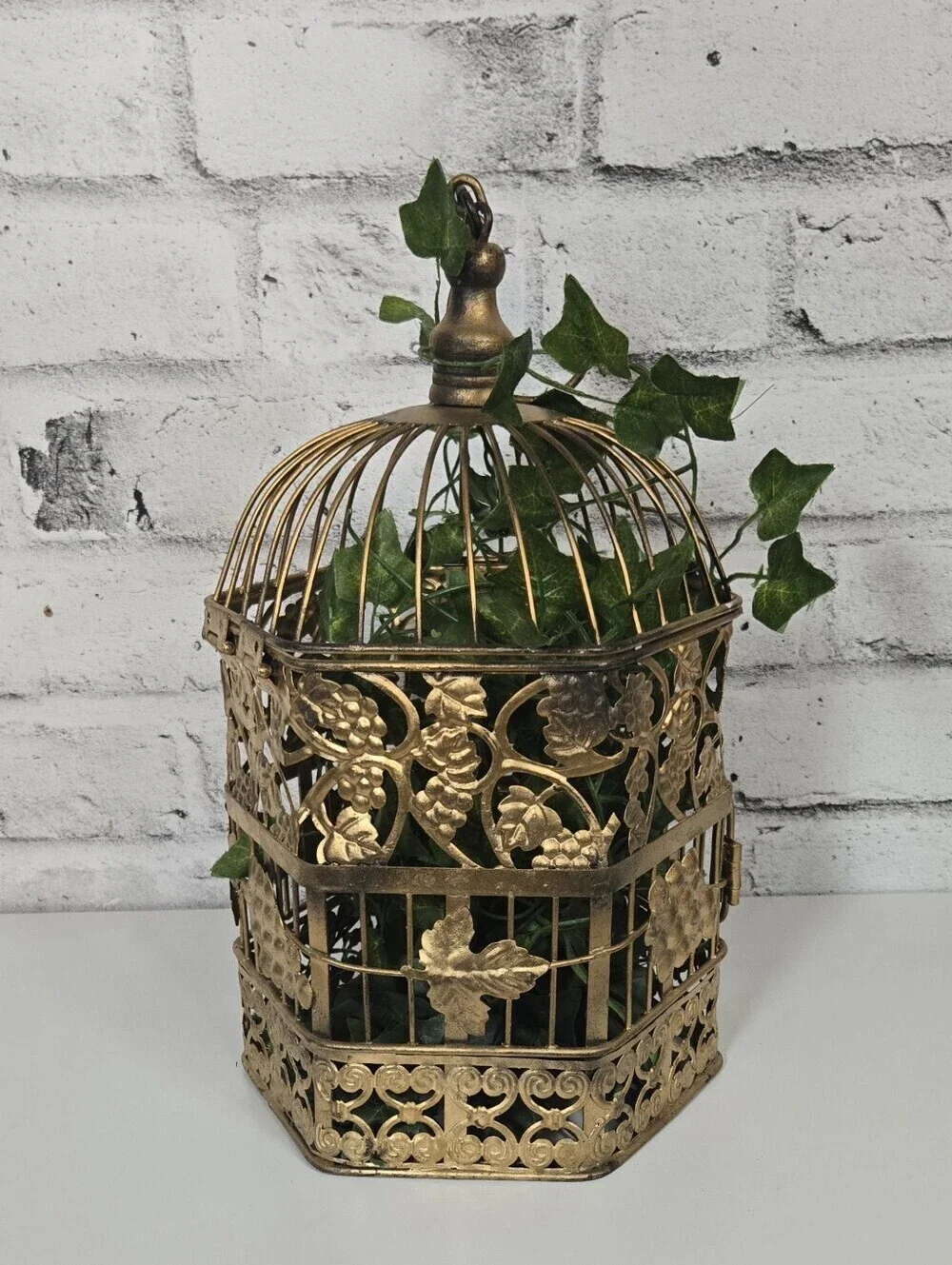 Vintage Gold Bird Cage Grapevine Filigree Cottagecore Hanging Decor